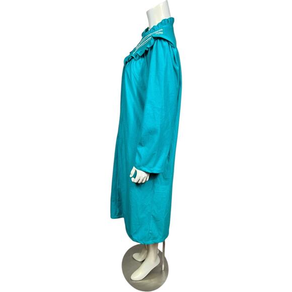 Vintage Teal Zip-Front Robe Nightgown with Lace Trim and Ruffle Details - Large - Picture 3 of 7